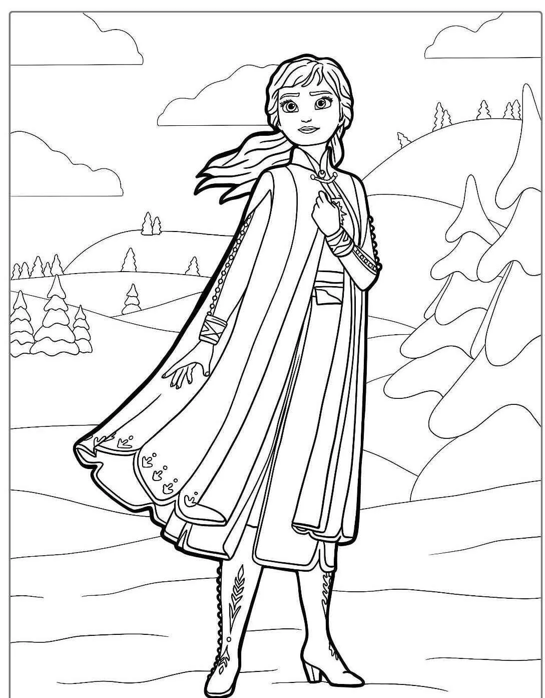 Desenho Frozen com Anna em um Cenário de Inverno para Colorir