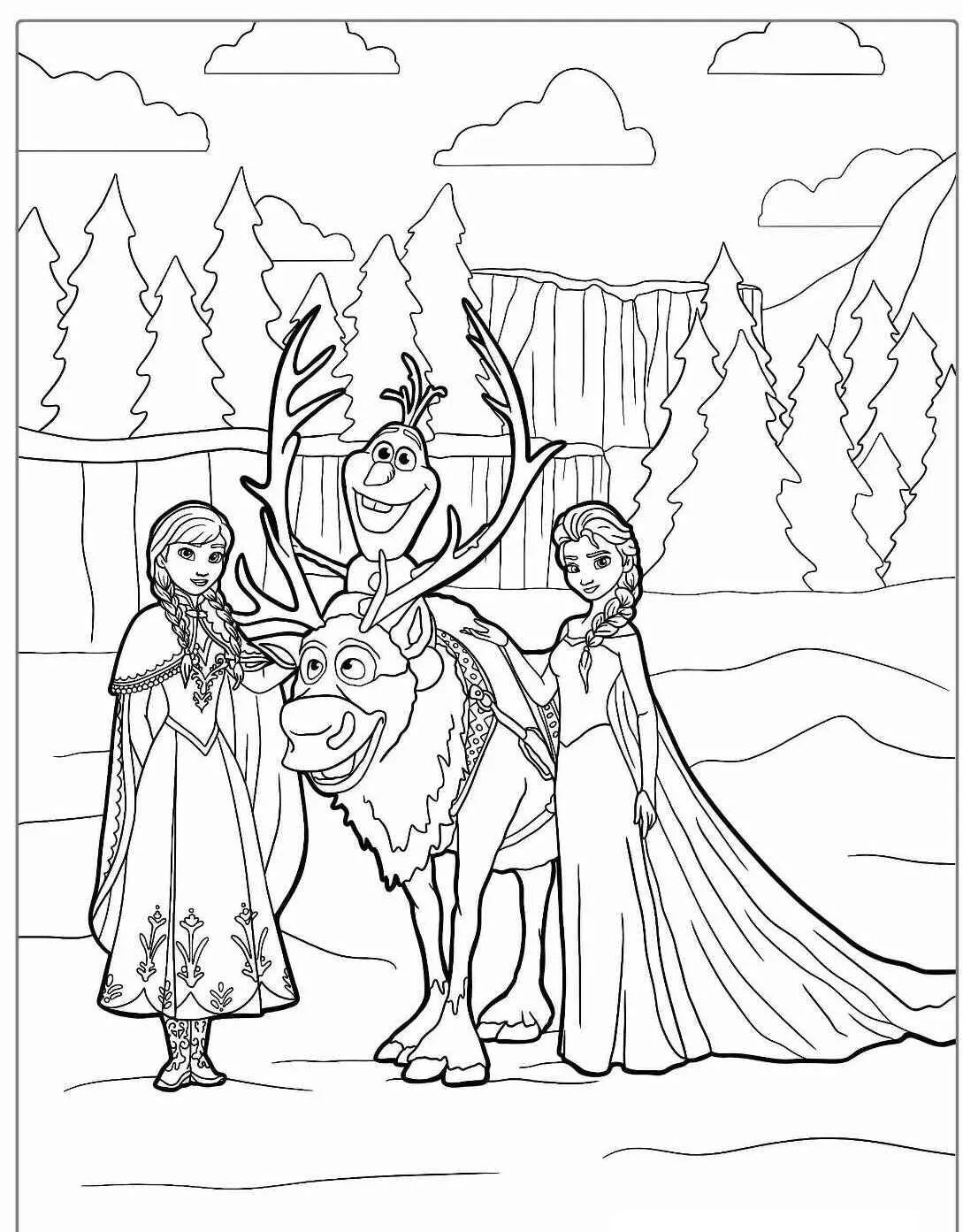 Desenho Frozen com Anna, Elsa e Sven a Rena para Colorir