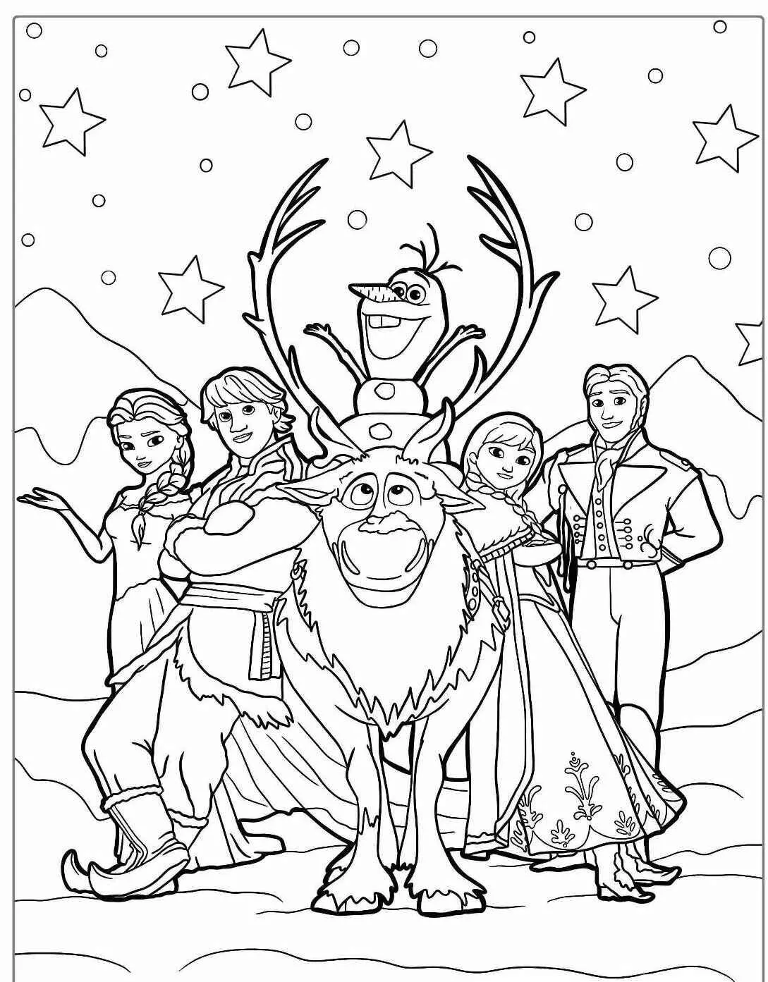 Desenho Frozen com Elsa, Anna, Olaf, Kristoff e Sven para Colorir