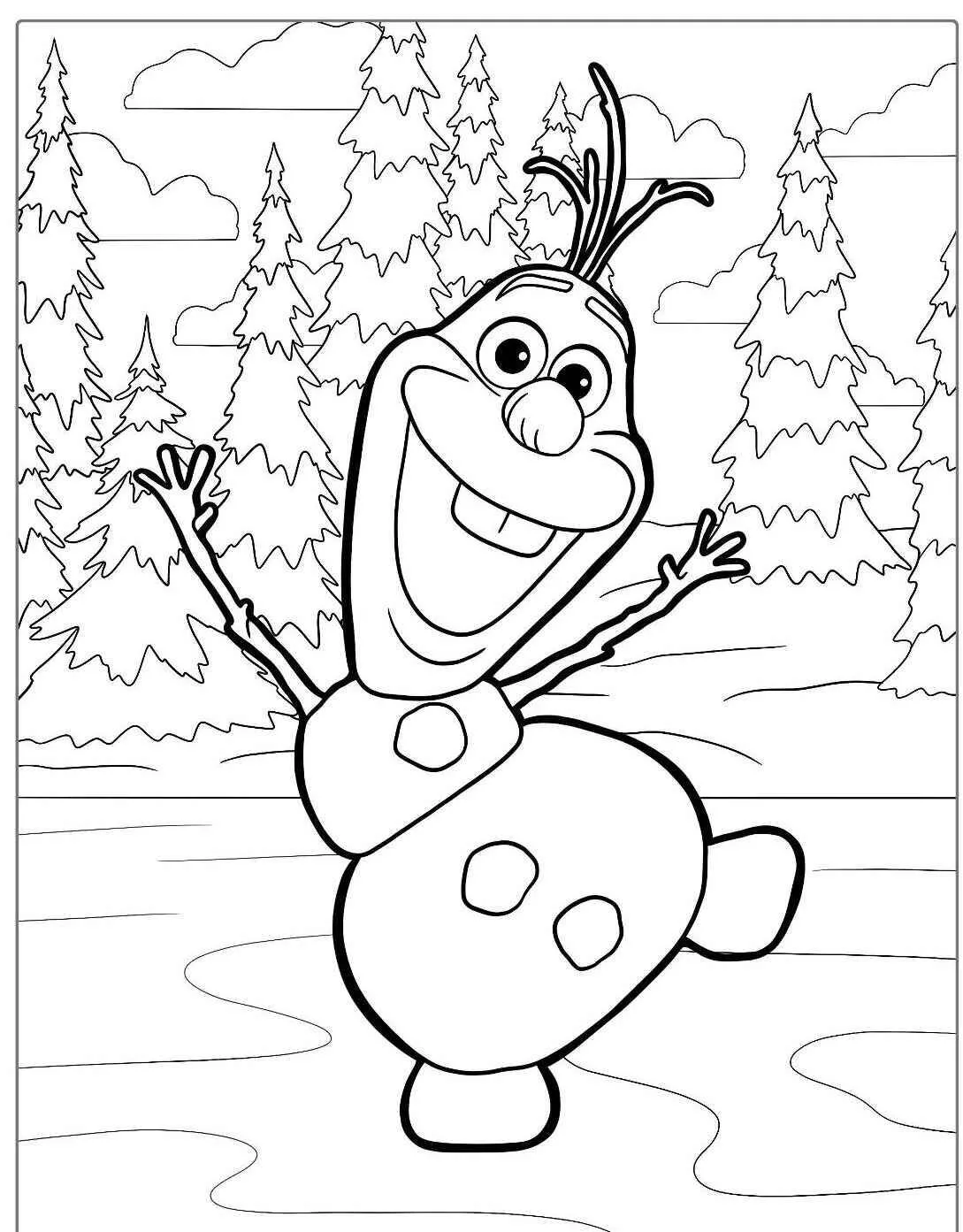 Desenho Frozen com o Olaf o Boneco de Neve Feliz em um Cenário de Inverno para Colorir