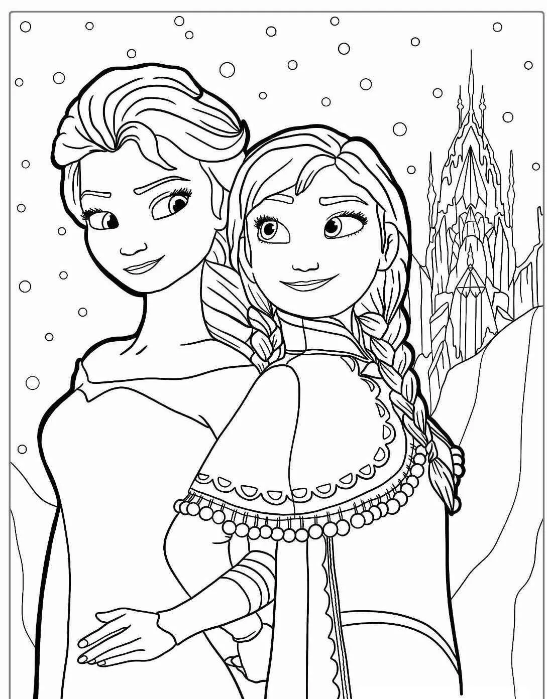 Desenho Frozen com Elsa e Anna Irmãs Juntas para Colorir