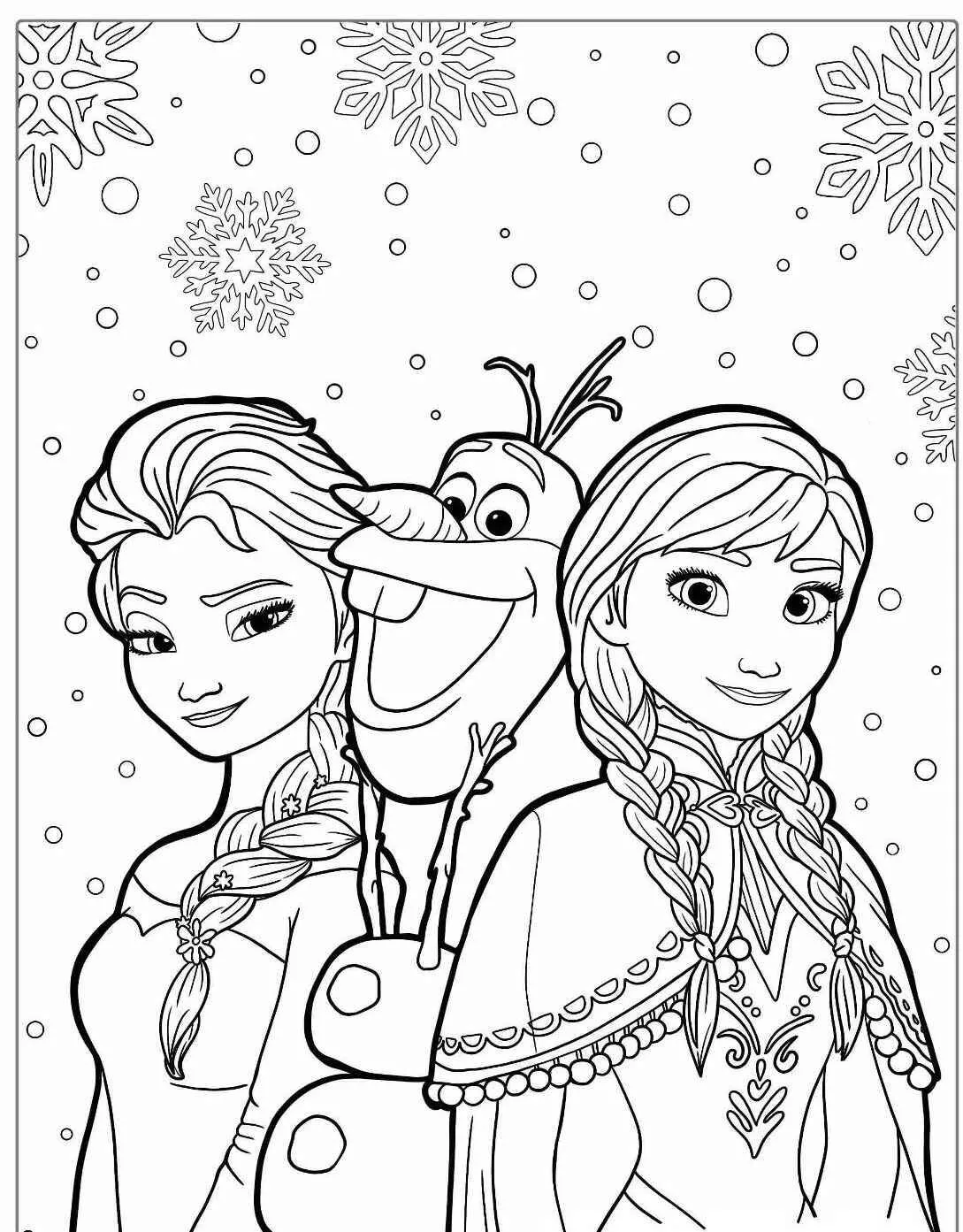 Desenho Frozen com Elsa, Anna e Olaf para Colorir