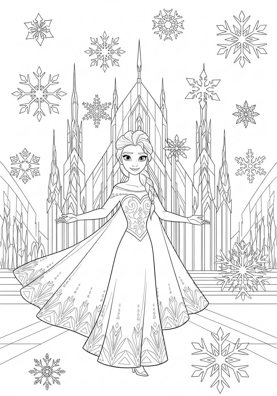 Desenho Frozen com Elsa no Castelo de Gelo e Flocos de Neve para Colorir