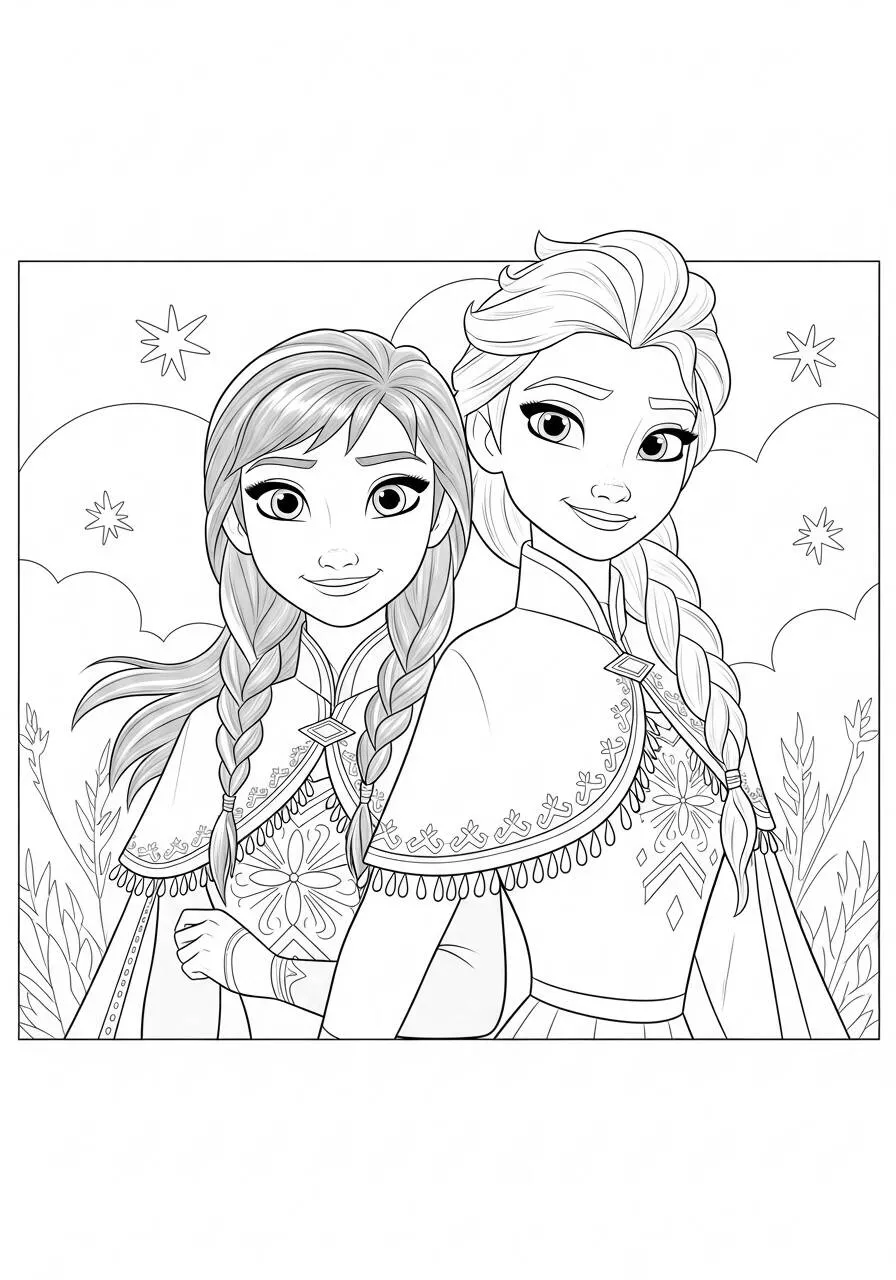 Desenho Frozen com Elsa e Anna Irmãs Lindas para Colorir