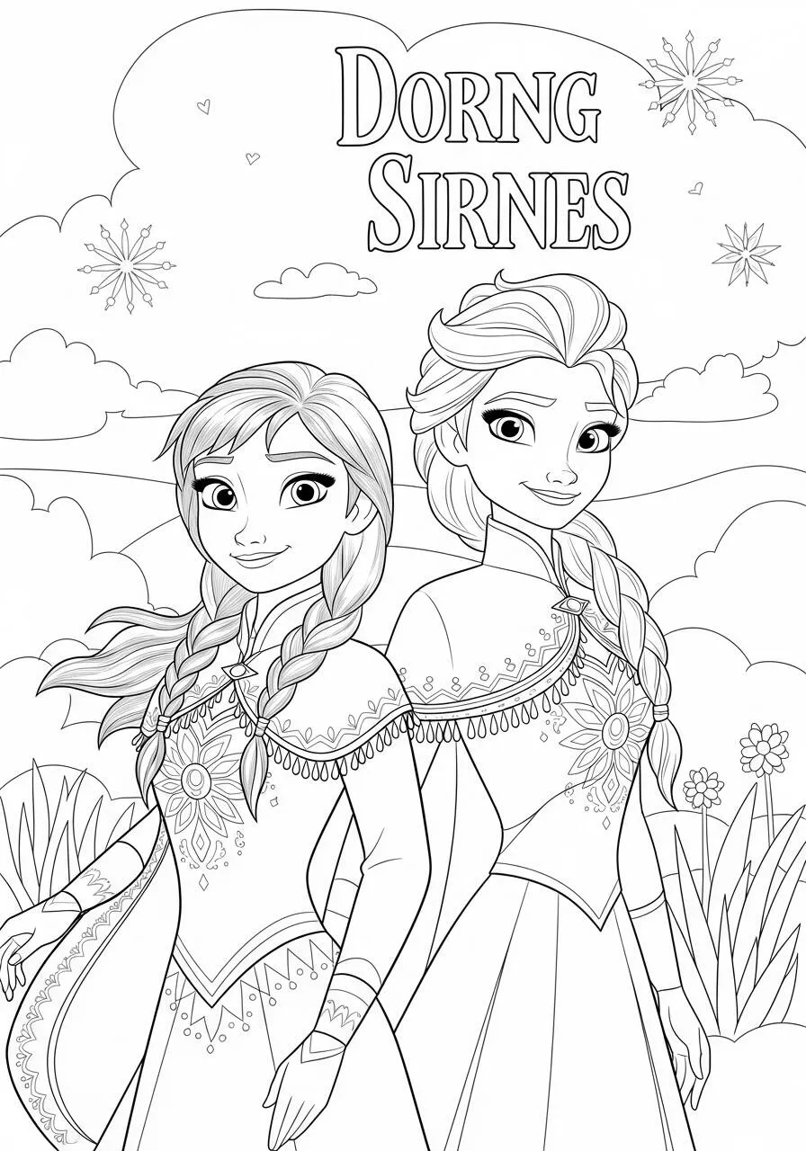 Desenho Frozen com Elsa e Anna em um Fundo Encantado para Colorir