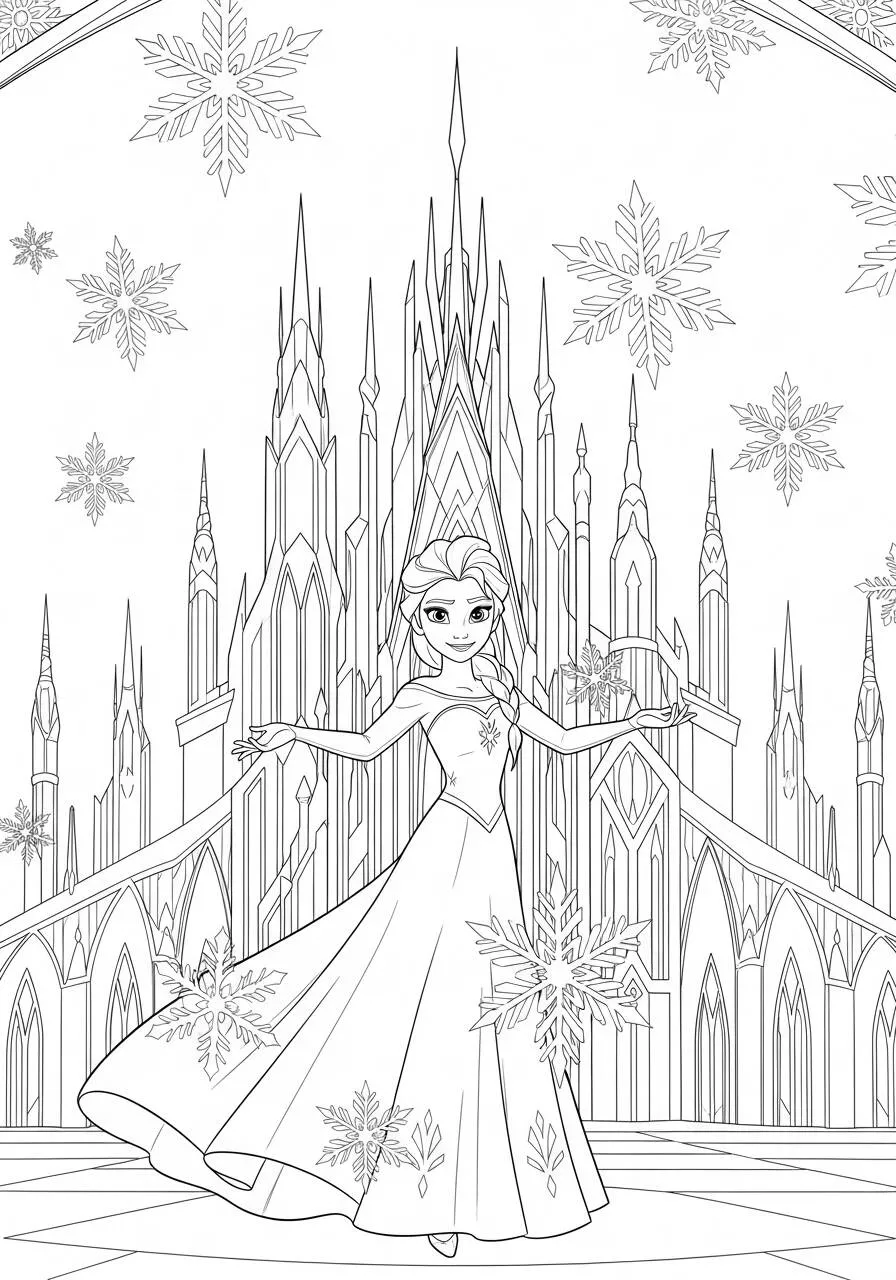 Desenho Frozen com a Elsa no Castelo de Gelo e Flocos de Neve para Colorir
