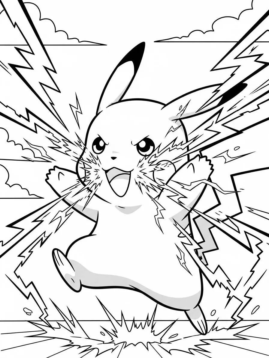 Desenho de Pikachu Usando Ataque de Raio para Colorir
