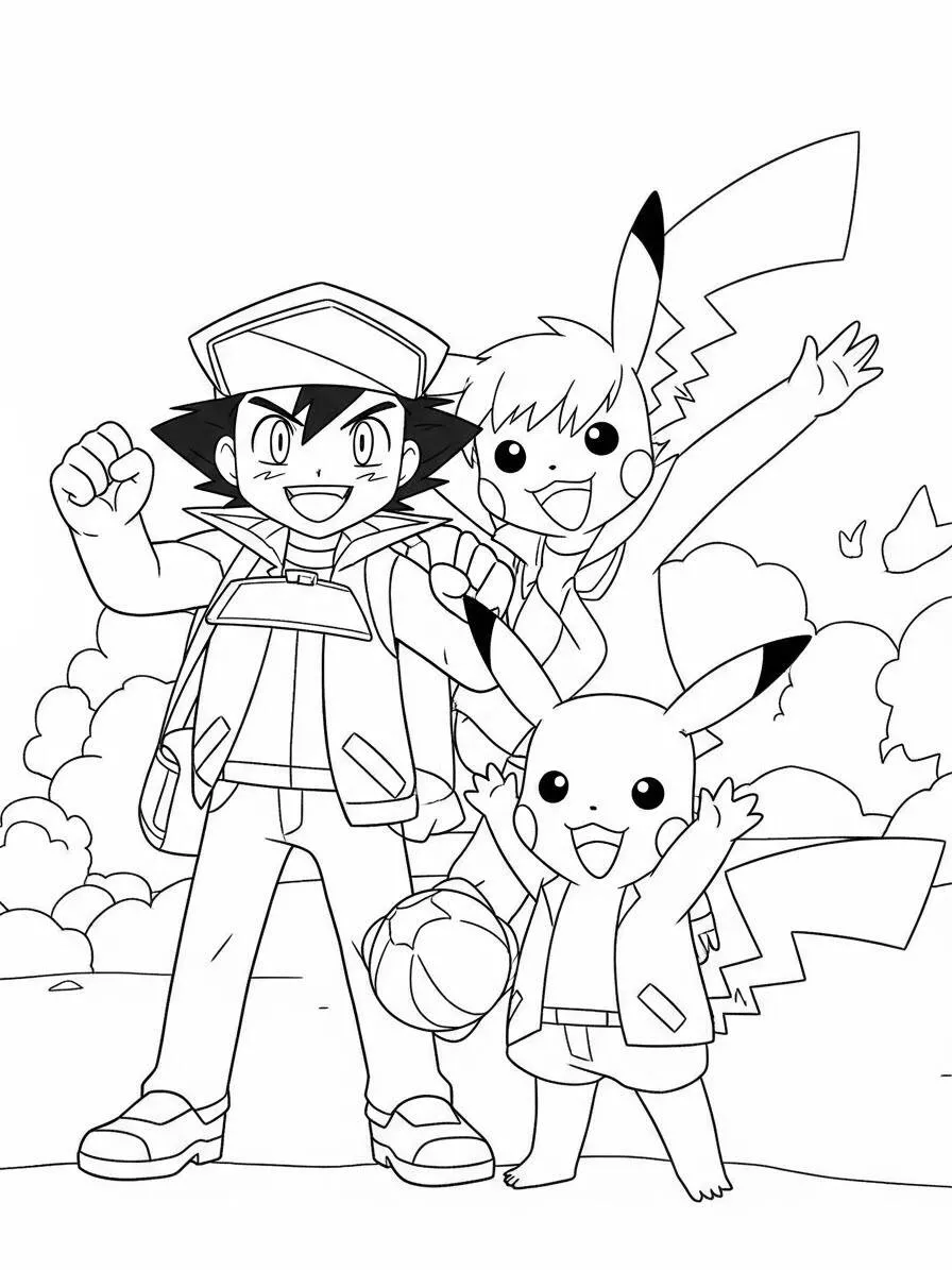 Desenho de Pikachu com Ash e Misty para Colorir