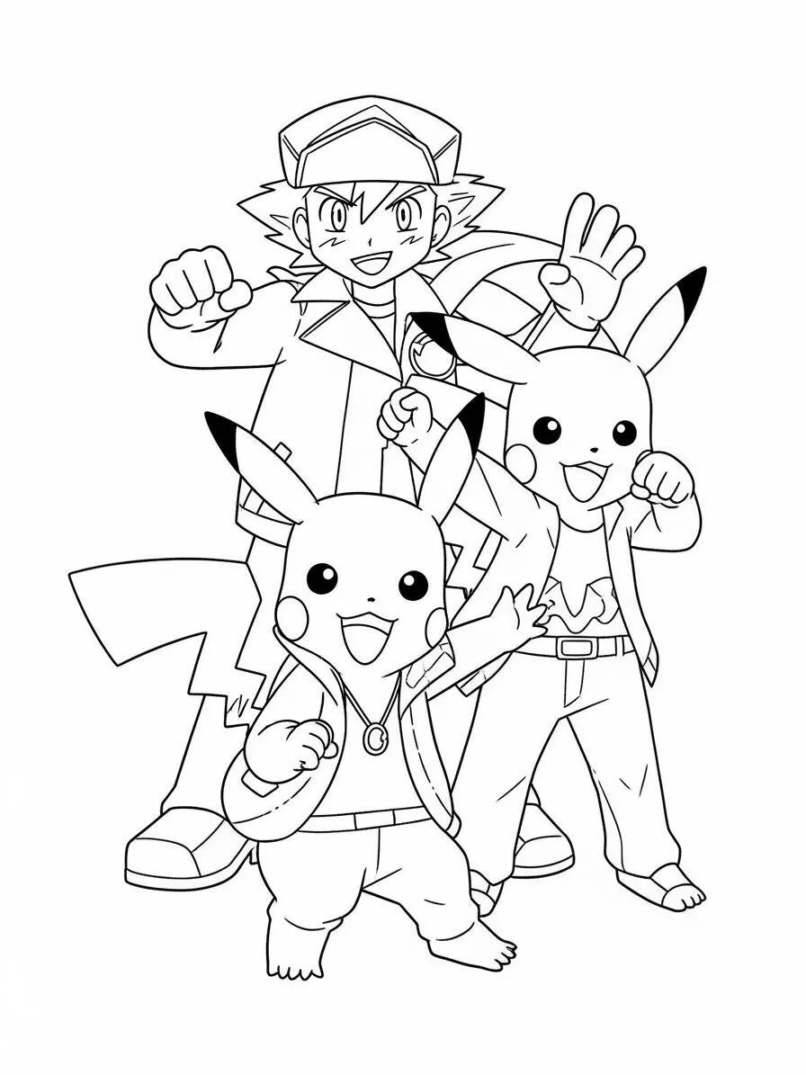 Desenho de Pikachu com Ash e Pikachu a Sorrir para Colorir