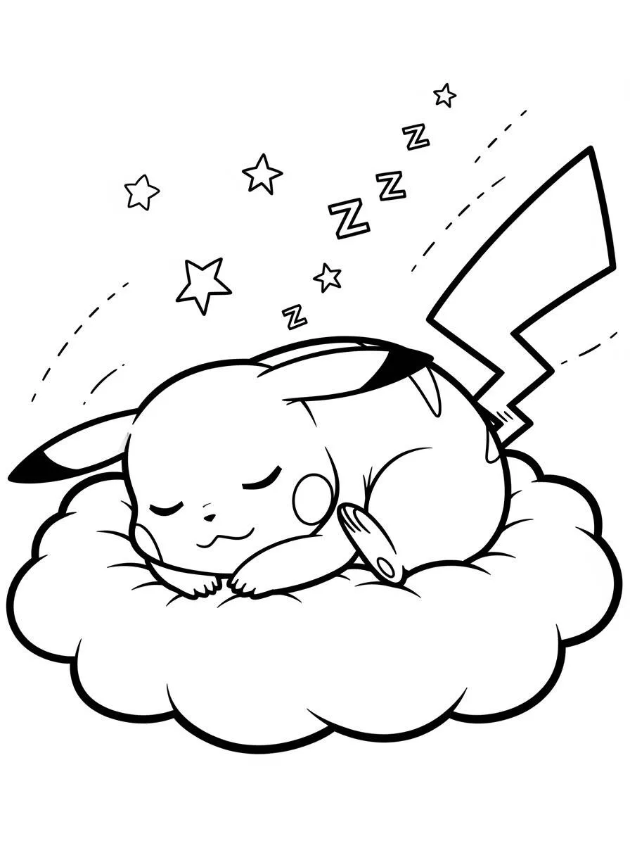 Desenho de Pikachu Dormindo em uma Nuvem para Colorir