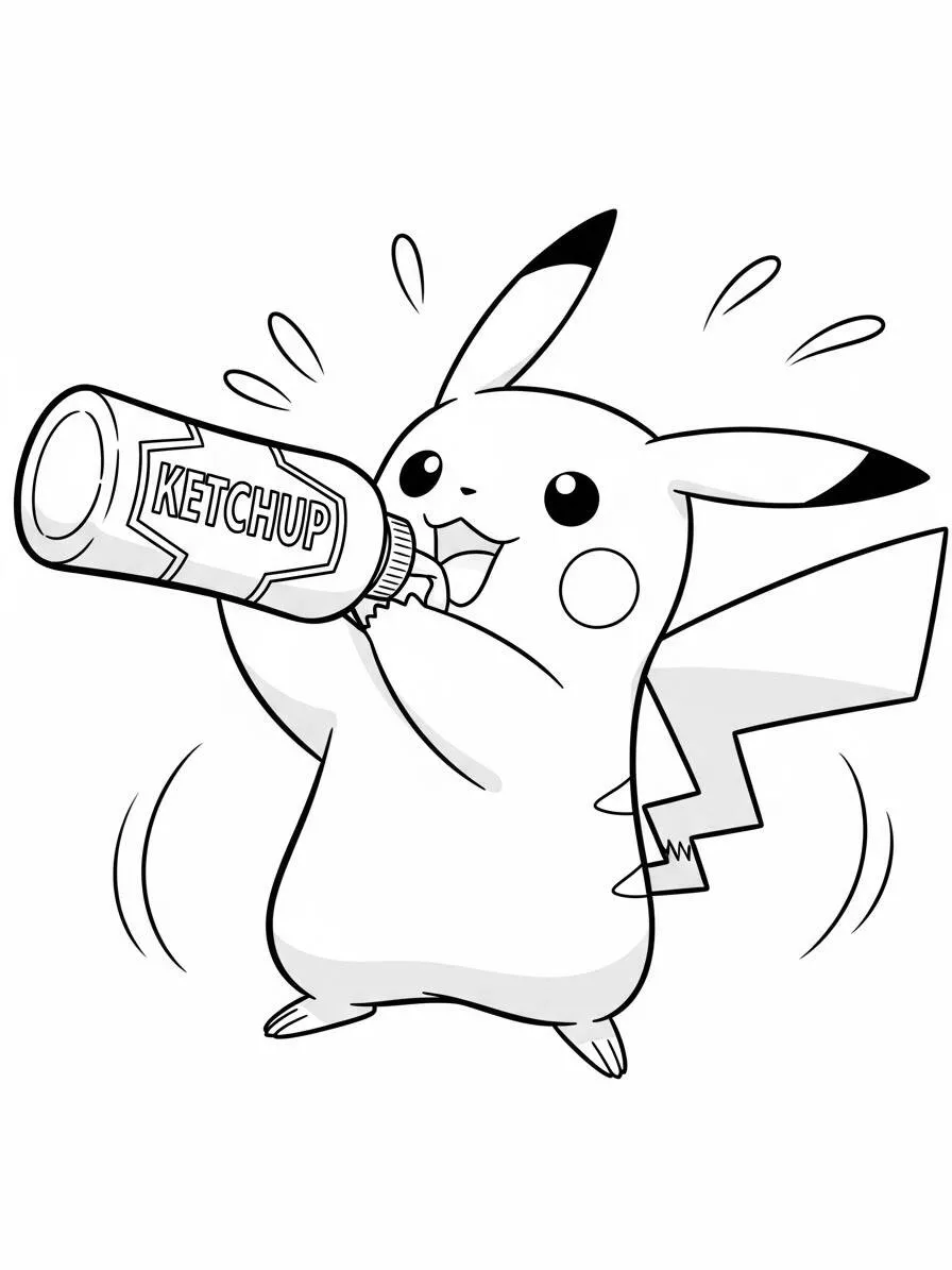Desenho de Pikachu Segurando Ketchup para Colorir