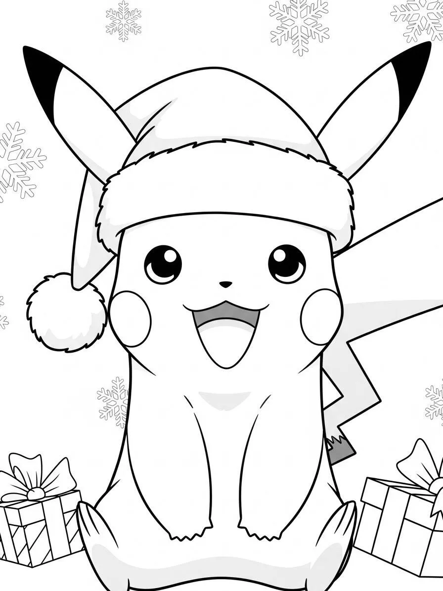 Desenho de Pikachu com Chapéu de Natal para Colorir