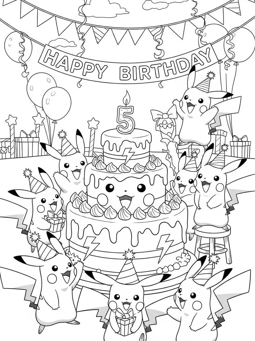 Desenho de Pikachu Celebrando Aniversário com Bolo para Colorir