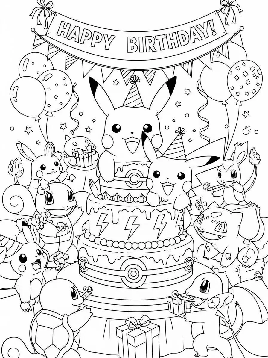 Desenho de Pikachu em Festa de Aniversário para Colorir
