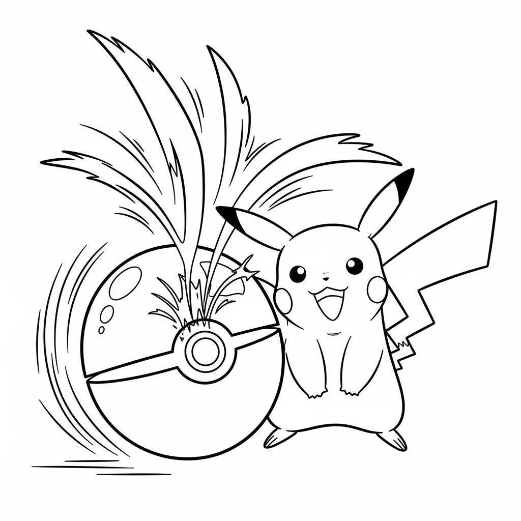 Desenho de Pikachu com uma Pokébola para Colorir