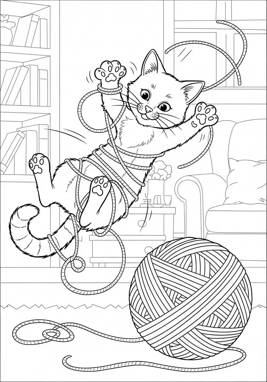 Ausmalbilder „Katze spielt mit Wollroman“.