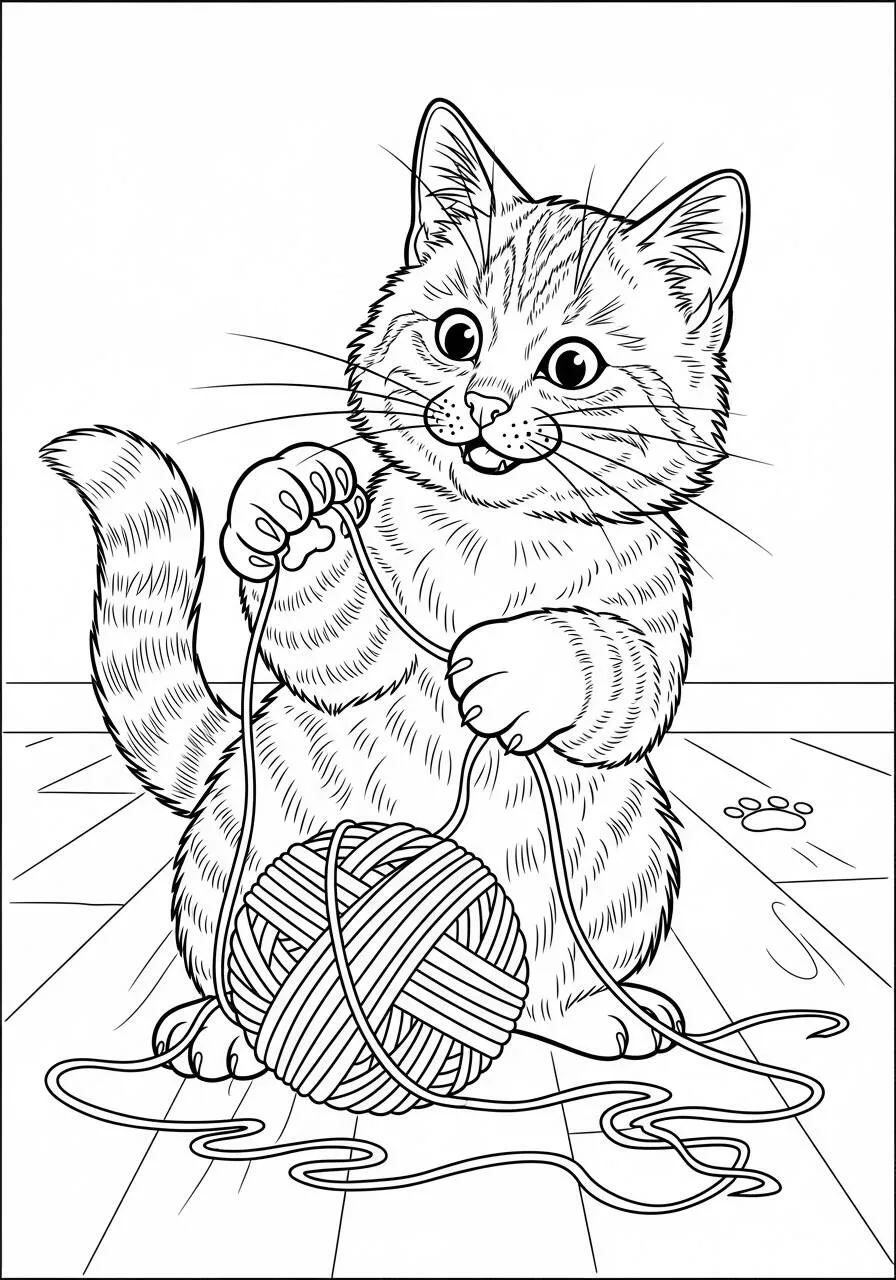 Desenho de Gato Brincando com um Novel de Lã para Colorir