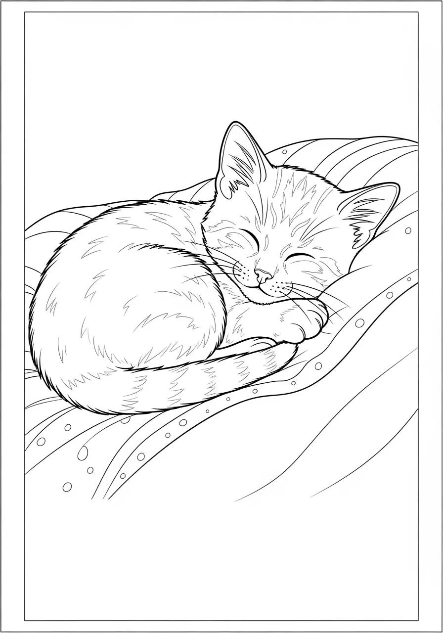 Ausmalbild: Katze schläft in einem bequemen Bett