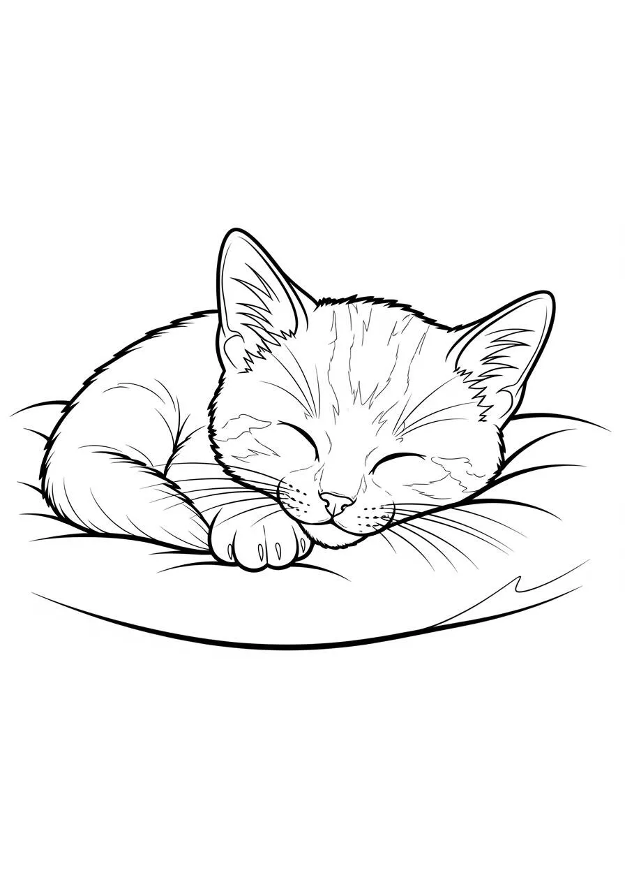 Ausmalbild: Katze schläft auf einem Kissen