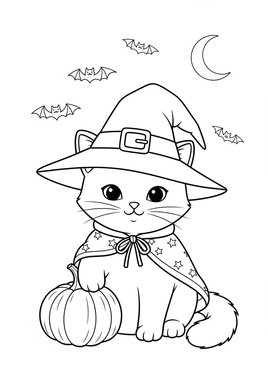 Desenho de Gato Bruxa com Abóbora para Colorir