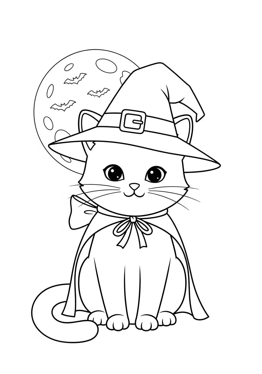 Malvorlage „Magische Katze mit Hexenhut“.