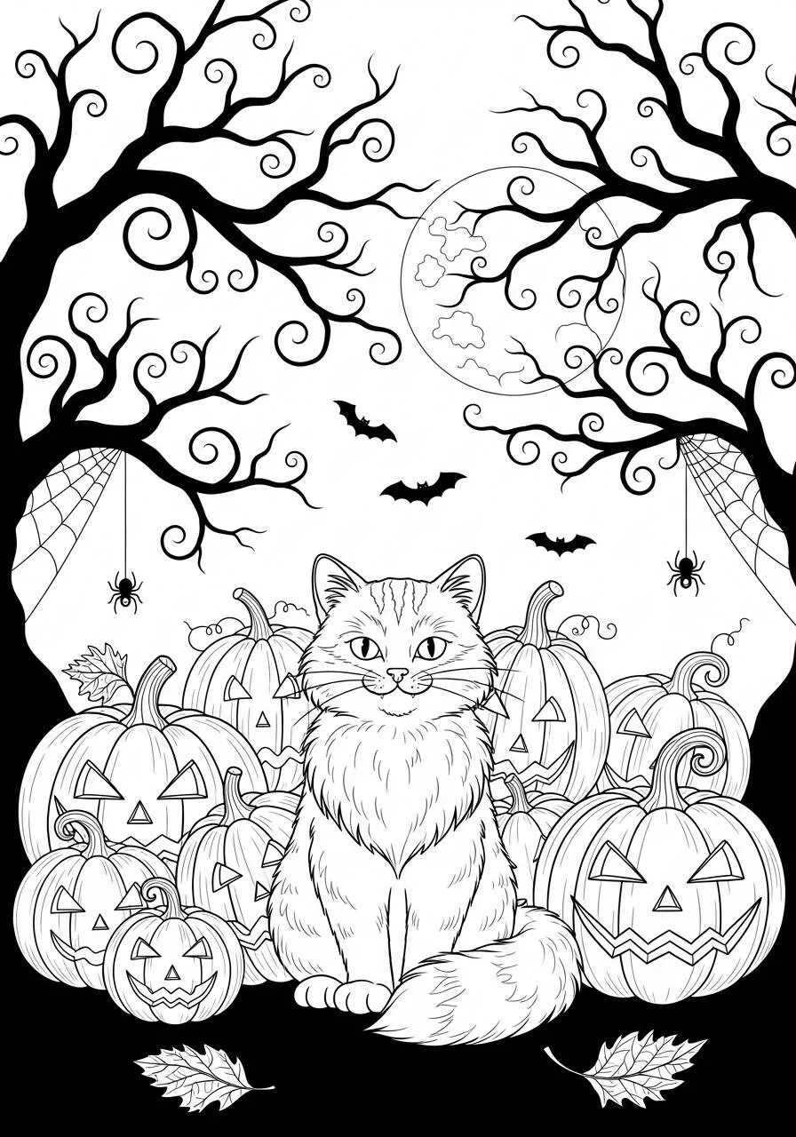 Malvorlage Halloween-Katze mit Kürbissen