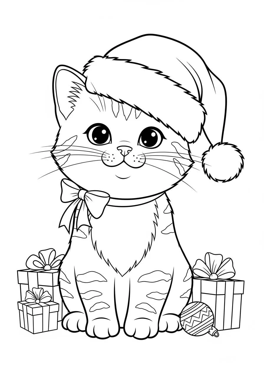 Desenho de Gatinho Natalino com Chapéu para Colorir