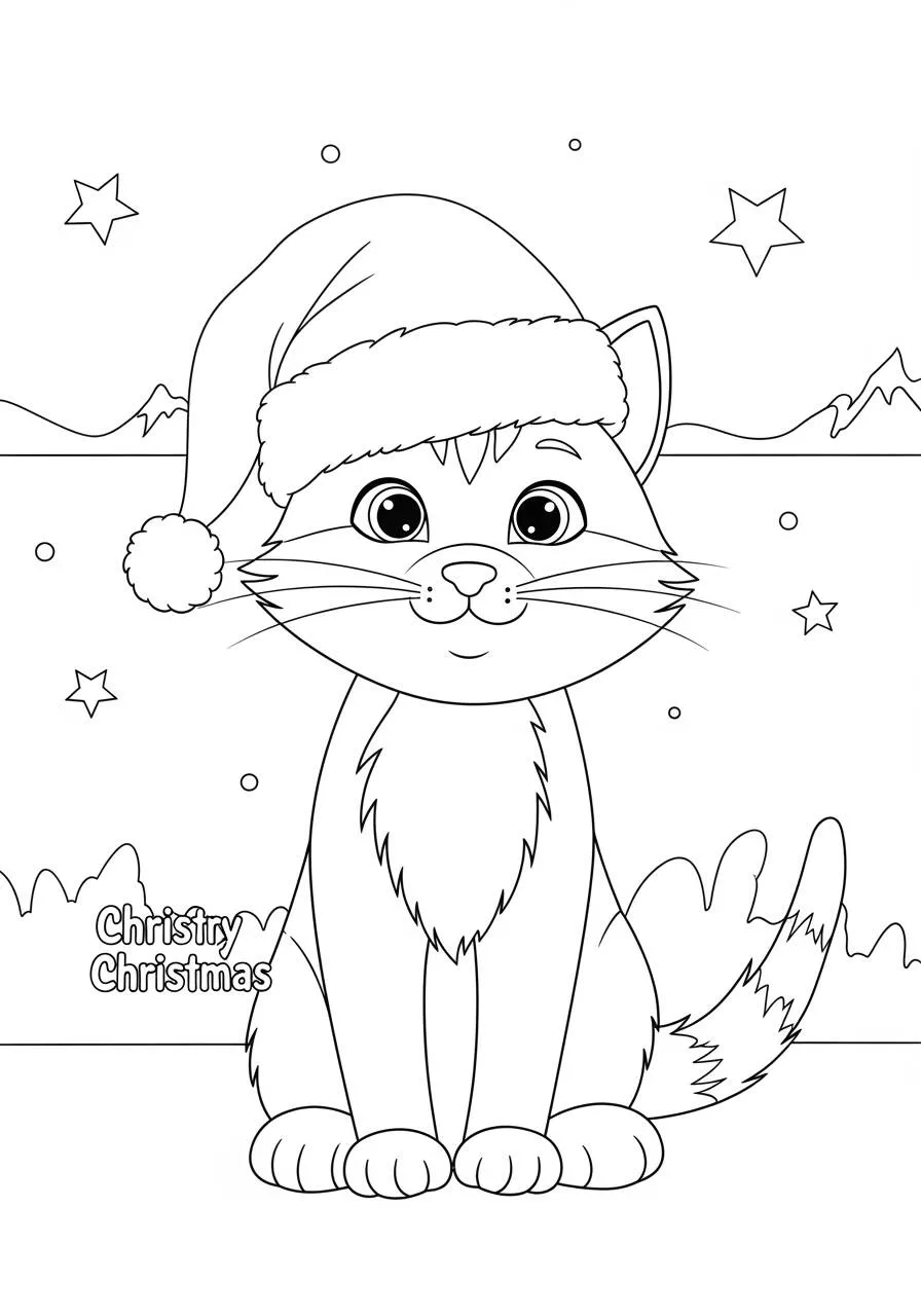 Página para colorear de gato navideño con gorro de Papá Noel