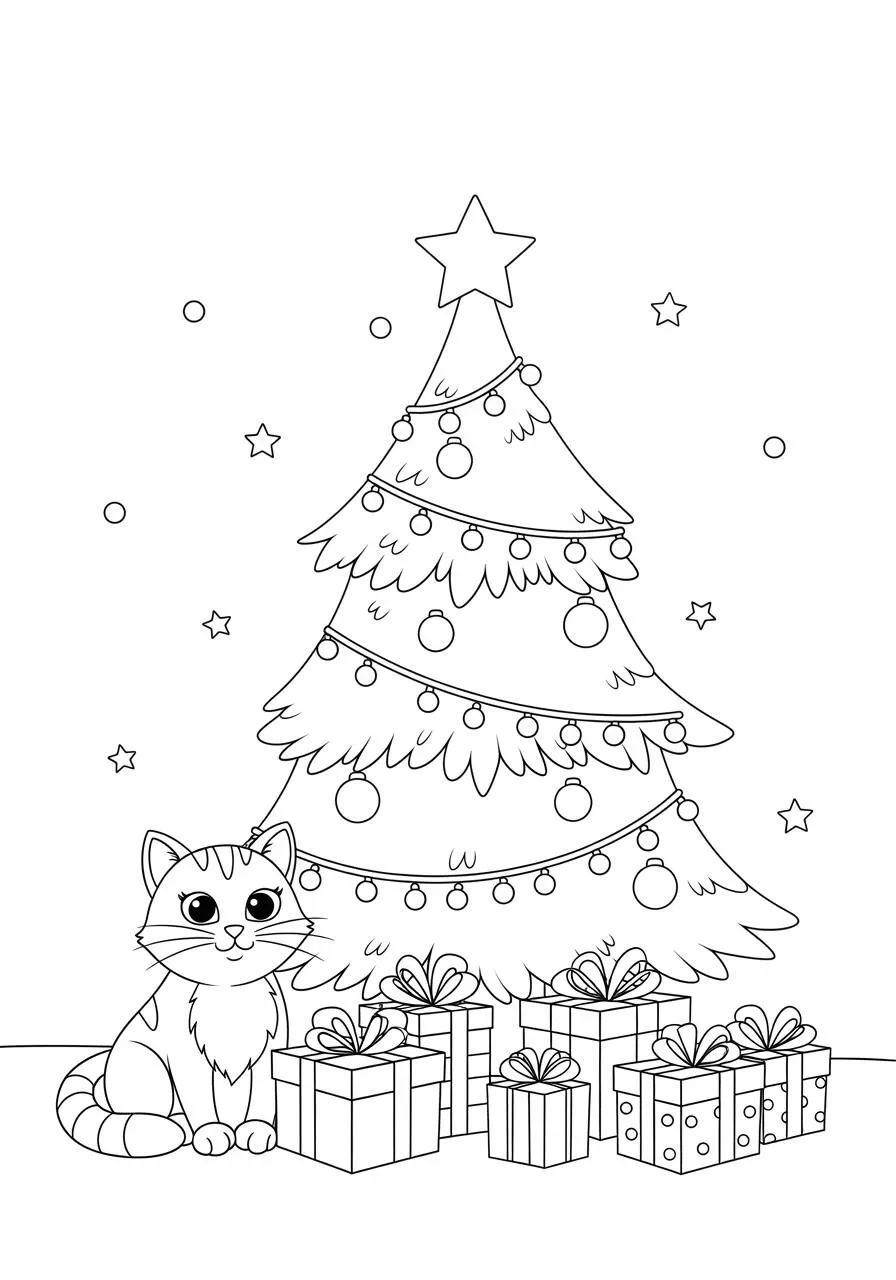 Desenho de Gato Fofo ao Lado da Árvore de Natal para Colorir