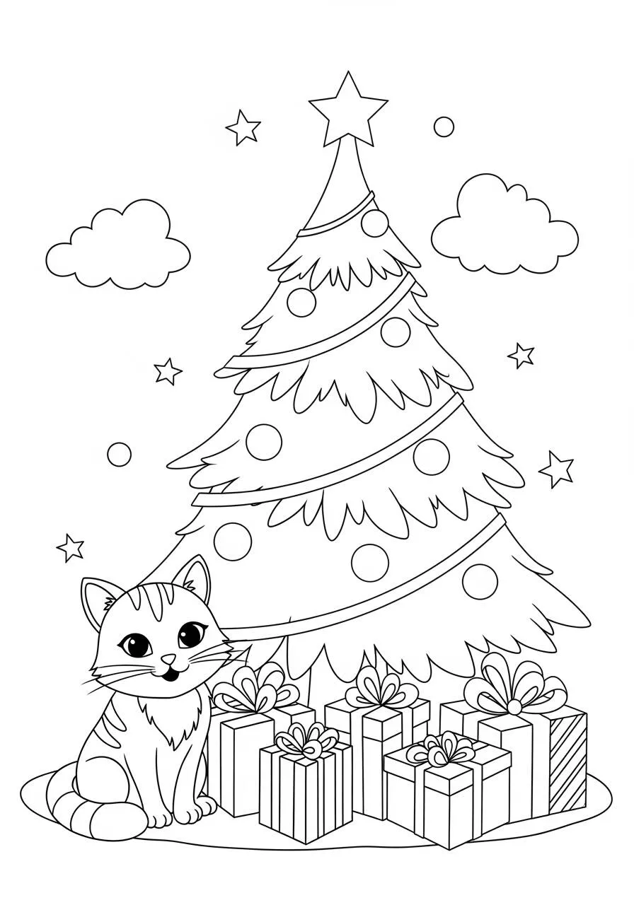 Desenho de Gato ao Lado da Árvore de Natal para Colorir