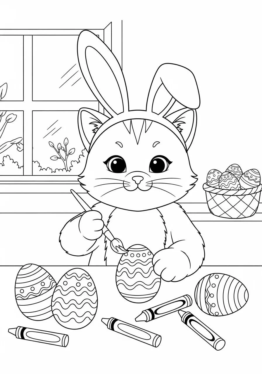Gatito con orejas de conejo para colorear Huevos de Pascua