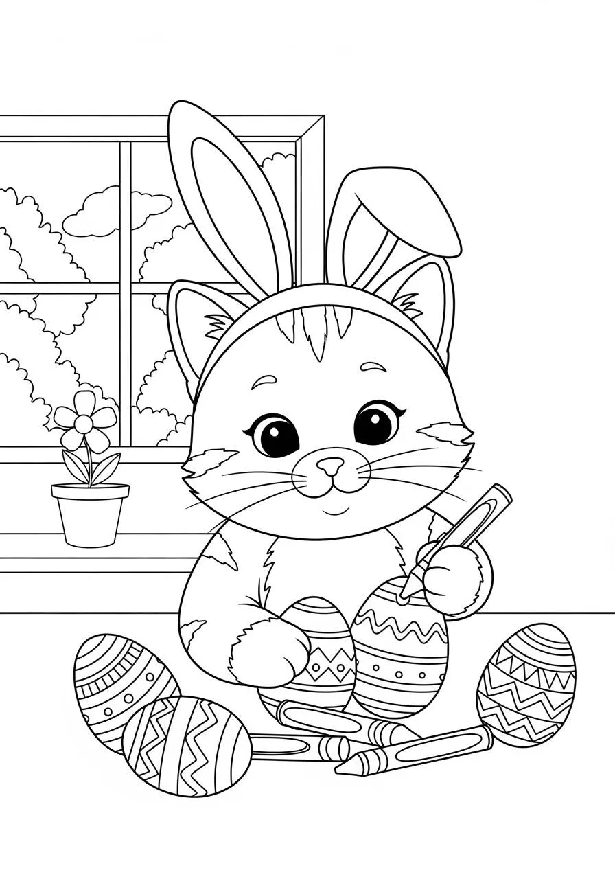 Desenho de Gatinho com Orelhas de Coelho Pintando Ovos de Páscoa para Colorir