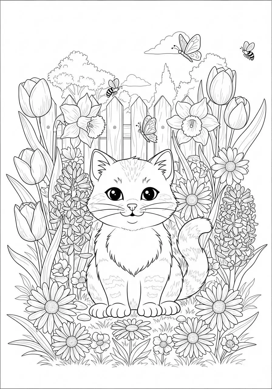 Lindo gato entre flores Página para colorear