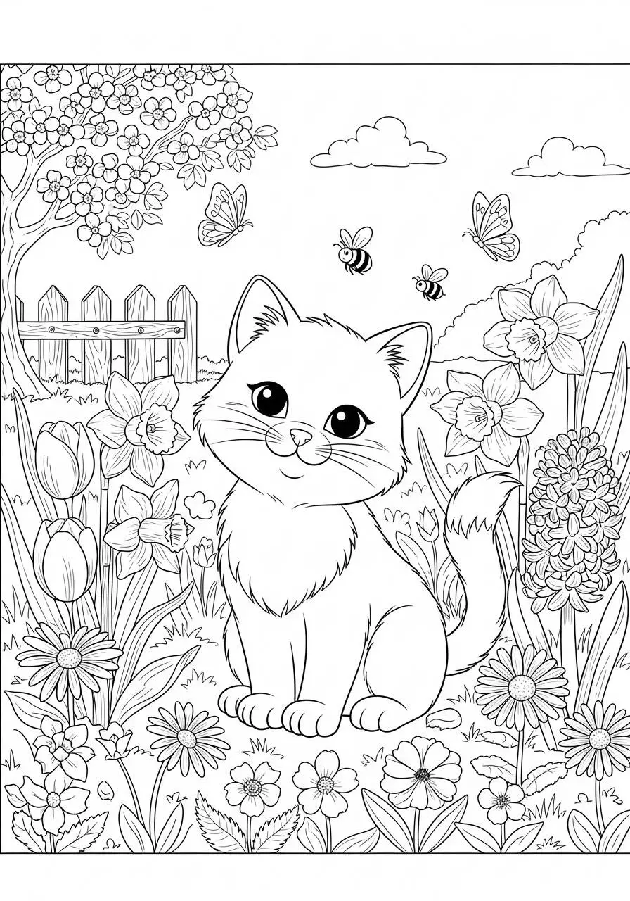 Página para colorear de gatito feliz entre flores