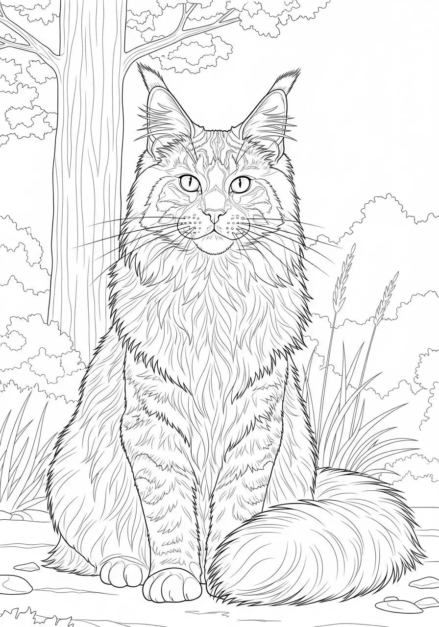 Dibujo para colorear del gato Maine Coon sentado en un jardín