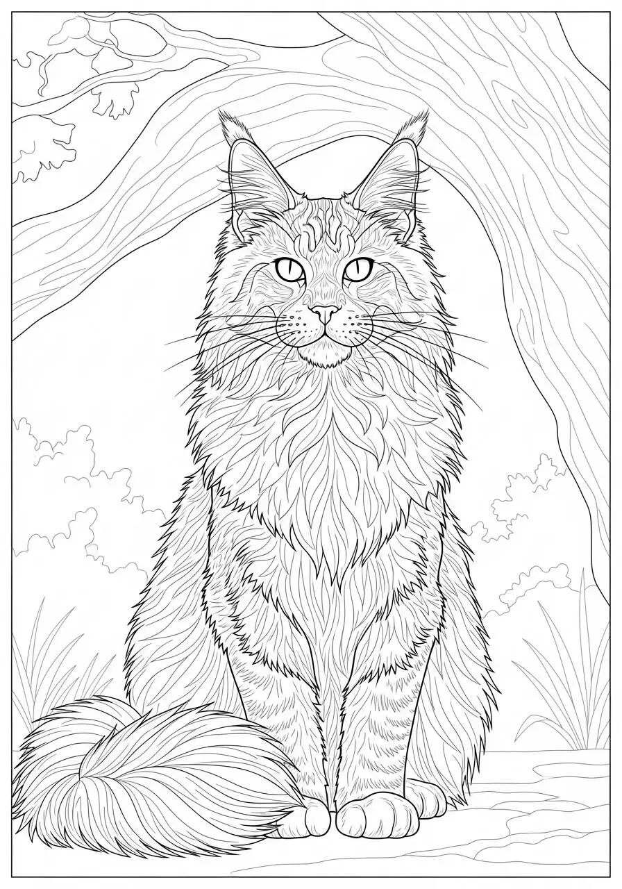 Dibujo para colorear del gato Maine Coon sentado en un jardín