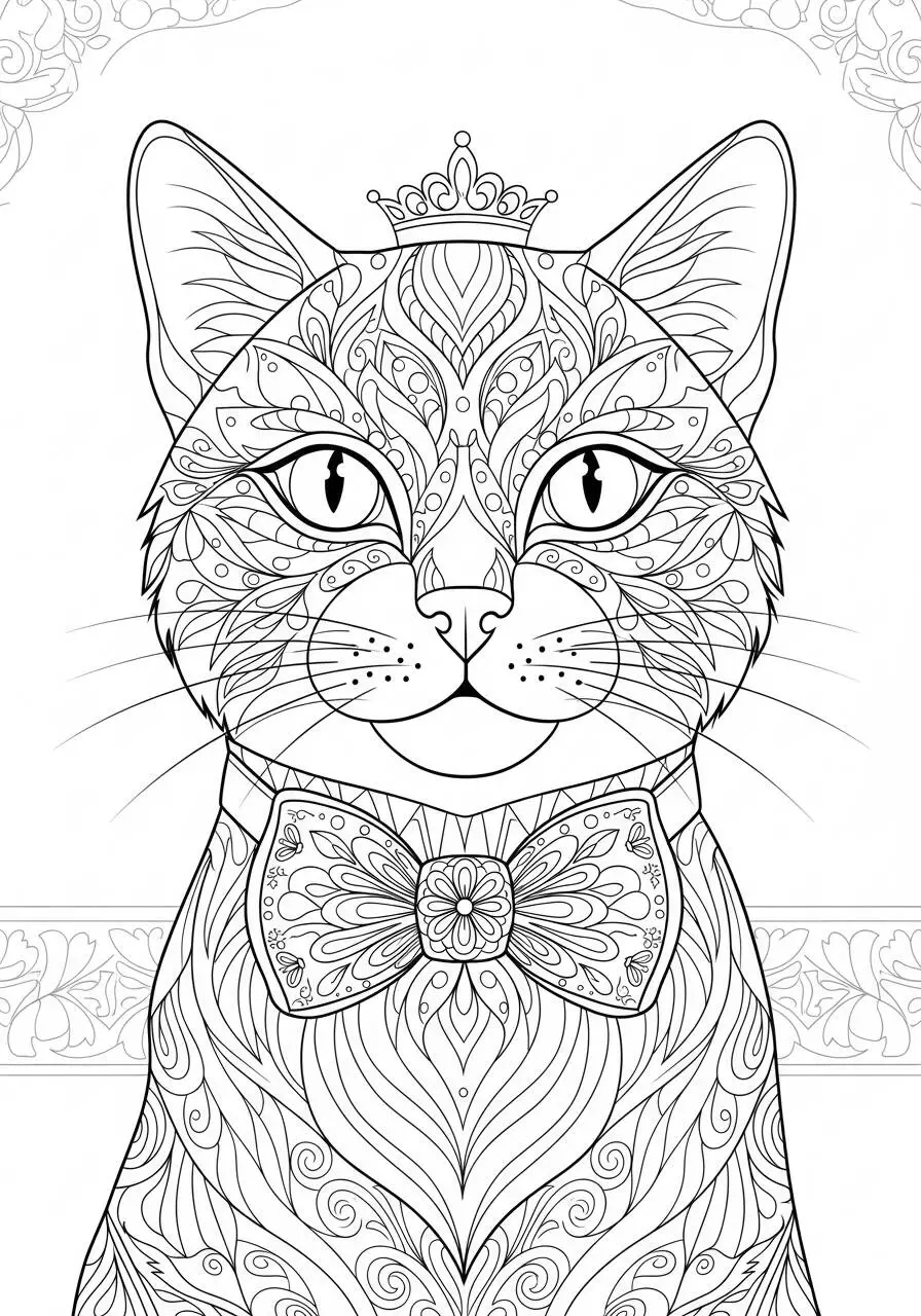 Desenho de Gato Elegante com Coroa e Gravata Borboleta para Colorir