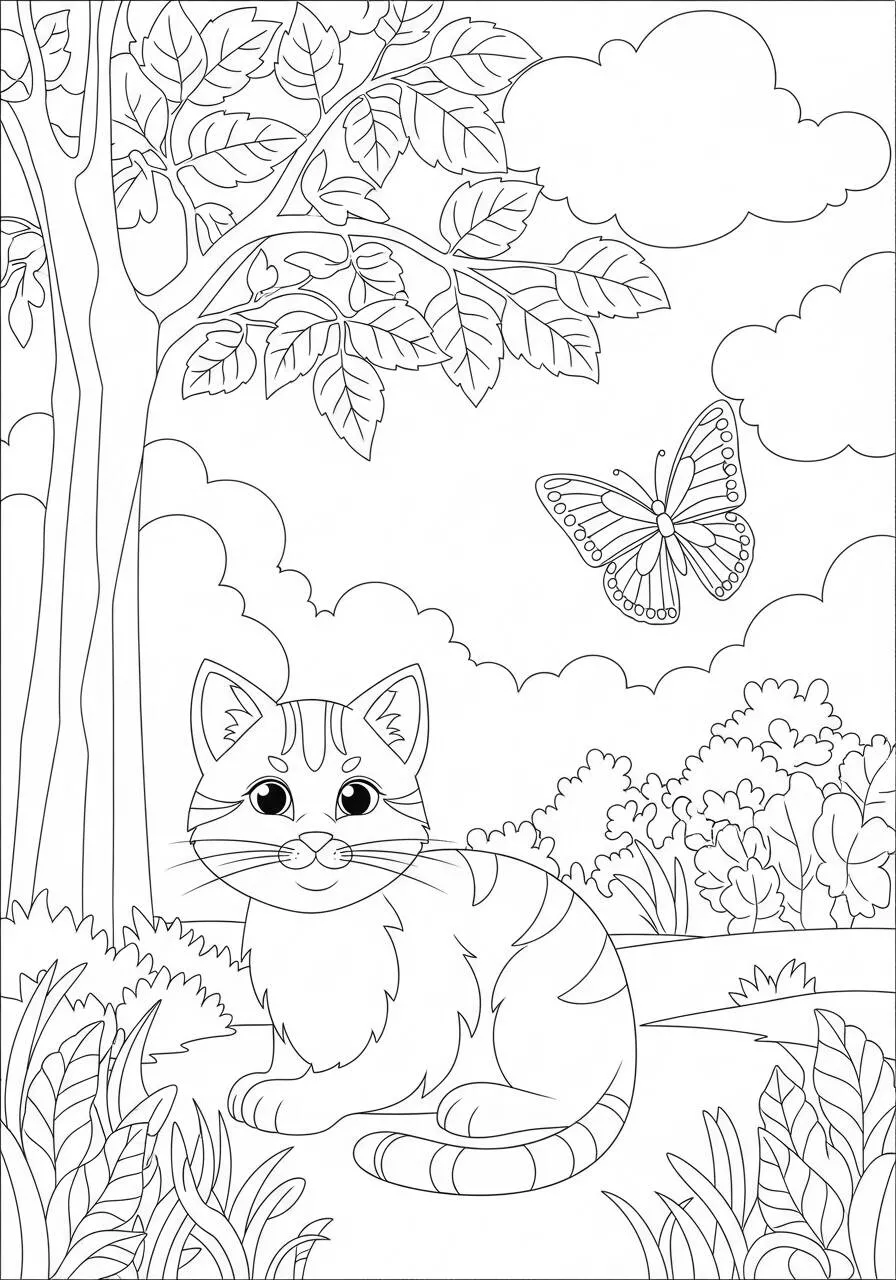 Desenho de Gato Sentado em um Jardim com Borboleta para Colorir