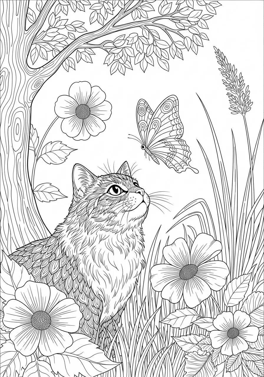 Desenho de Gato Observando uma Borboleta entre Flores para Colorir