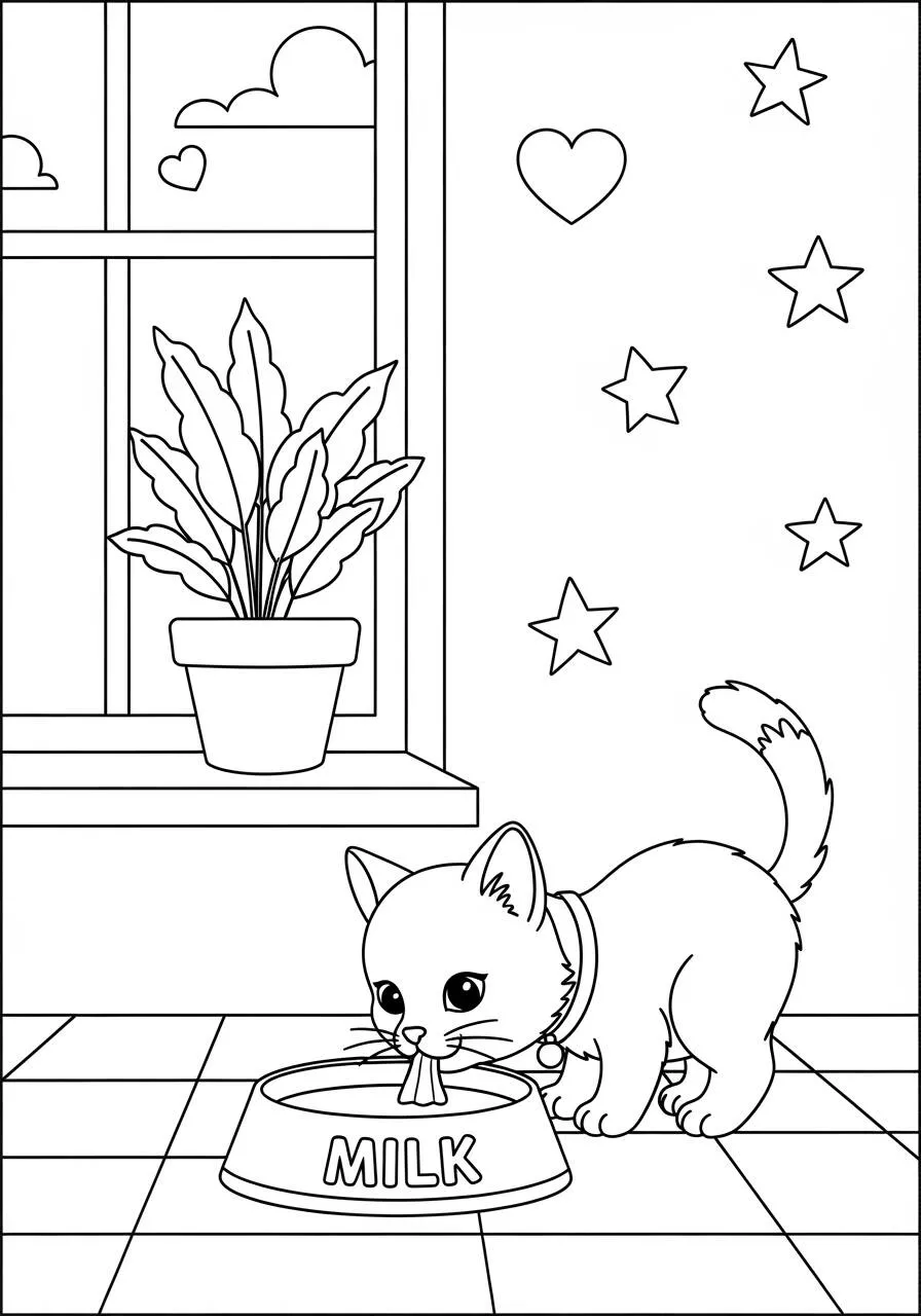 Desenho de Gatinho Bebendo Leite na Tigela para Colorir