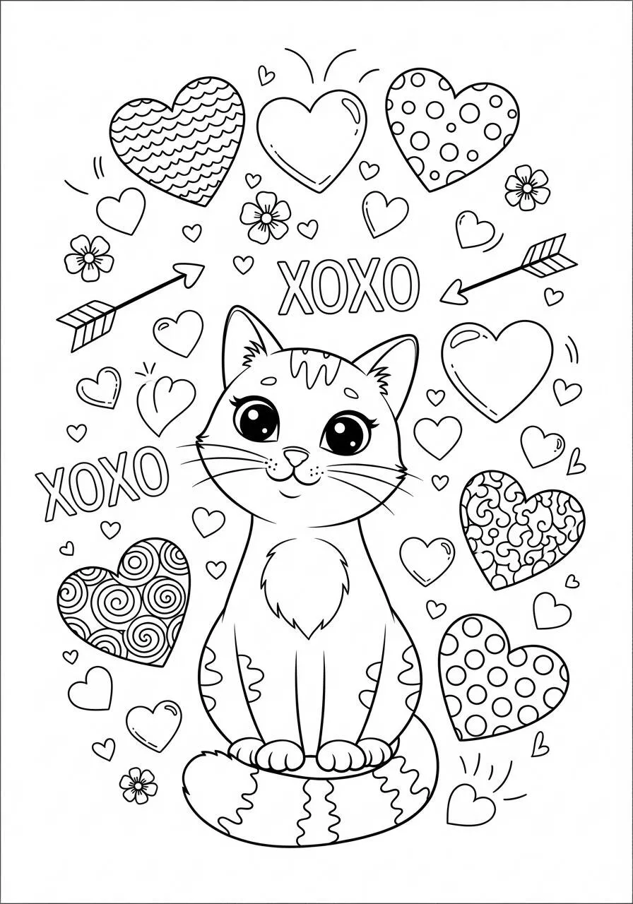 Lindo gato con corazones Página para colorear