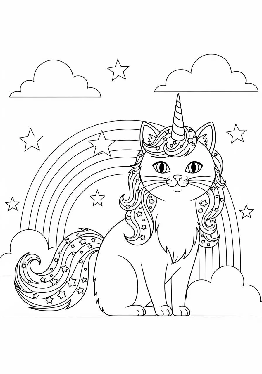 Página para colorear de gato unicornio con arco iris