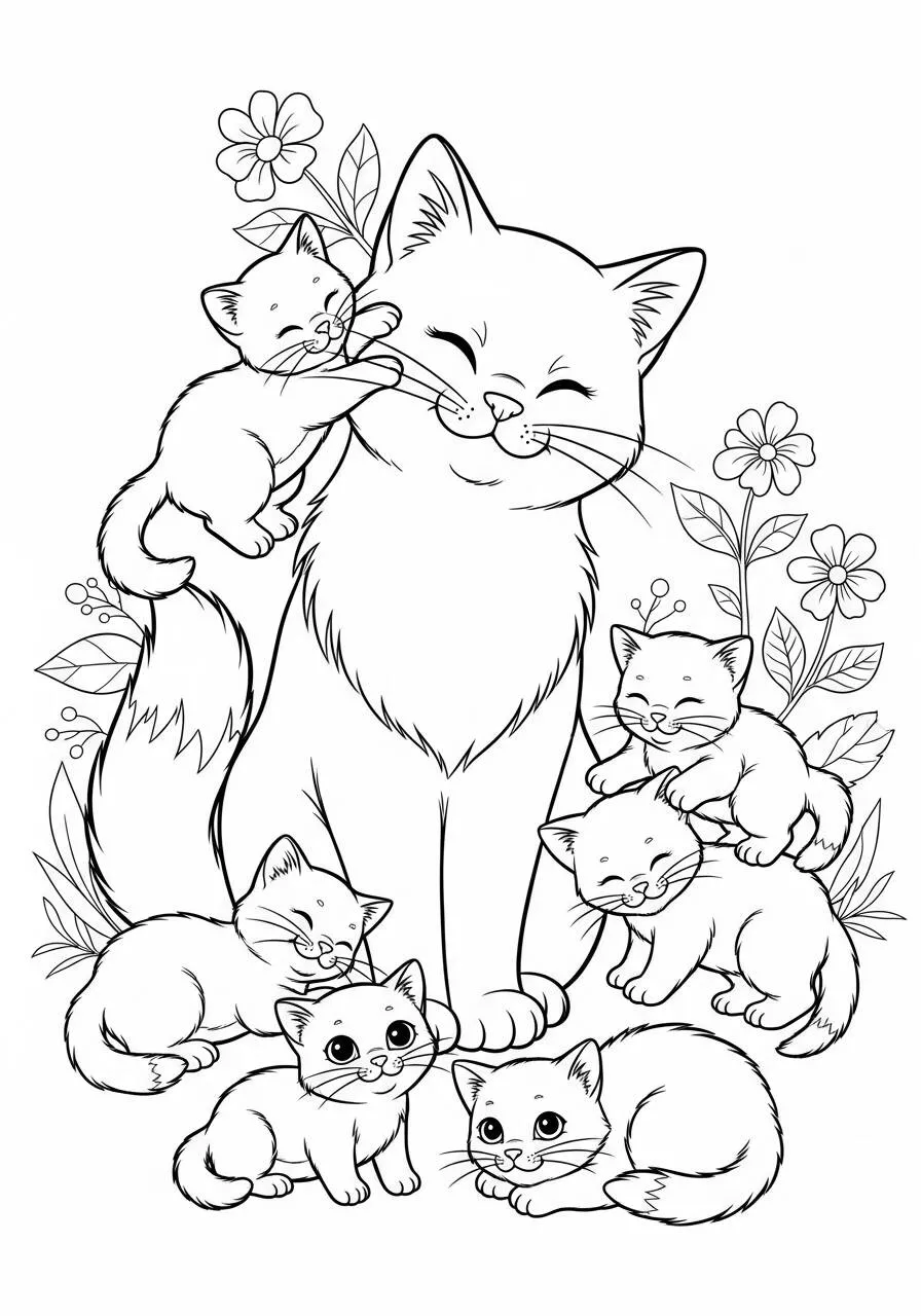 Página para colorear de gato con gatitos