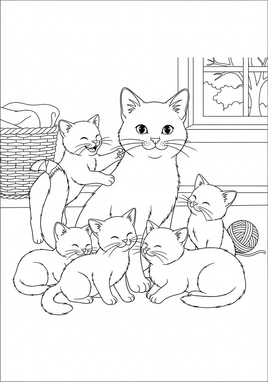 Desenho de Gato com Filhotes Brincando para Colorir