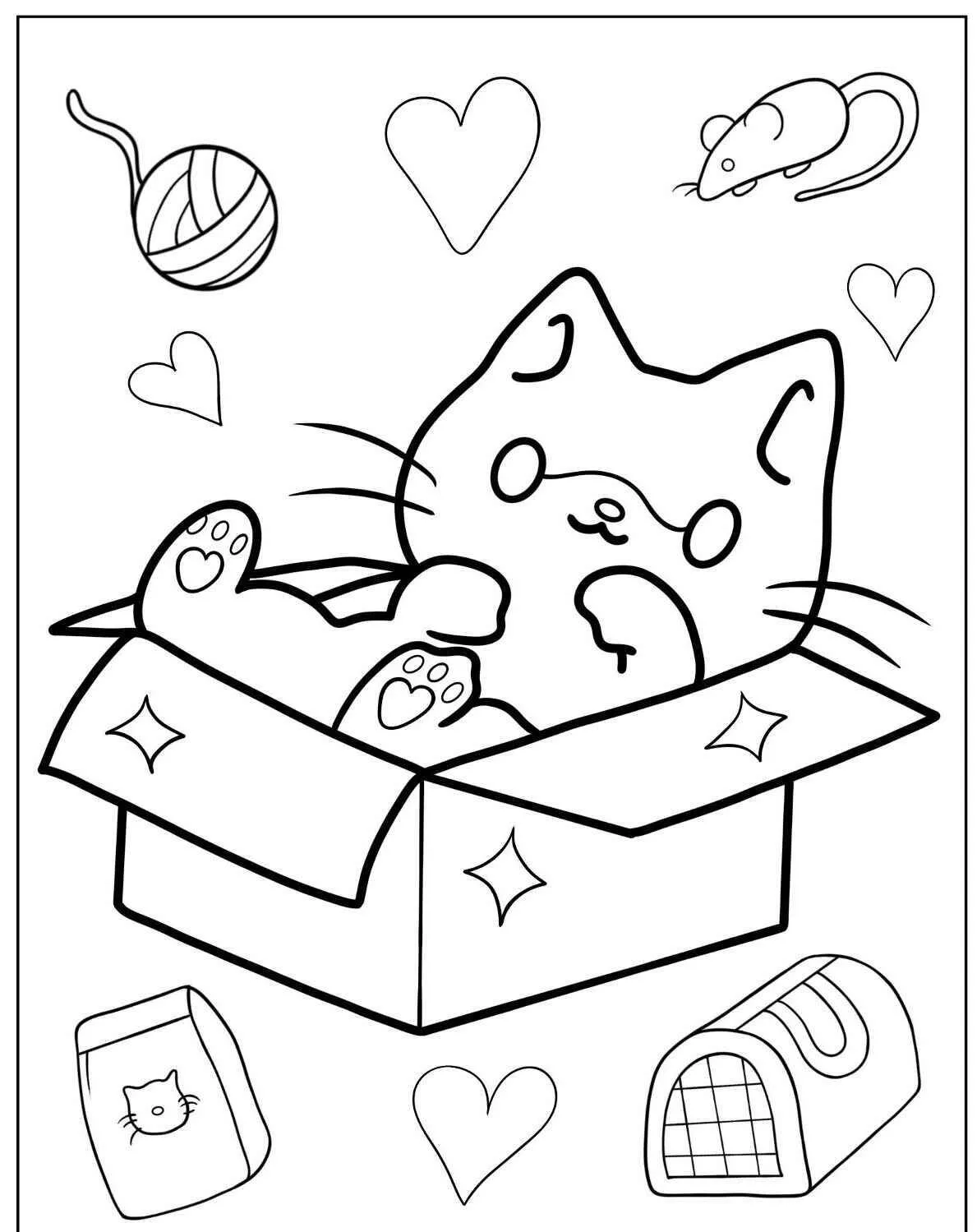 Desenho de Gatinho Brincando em Caixa com Coração para Colorir