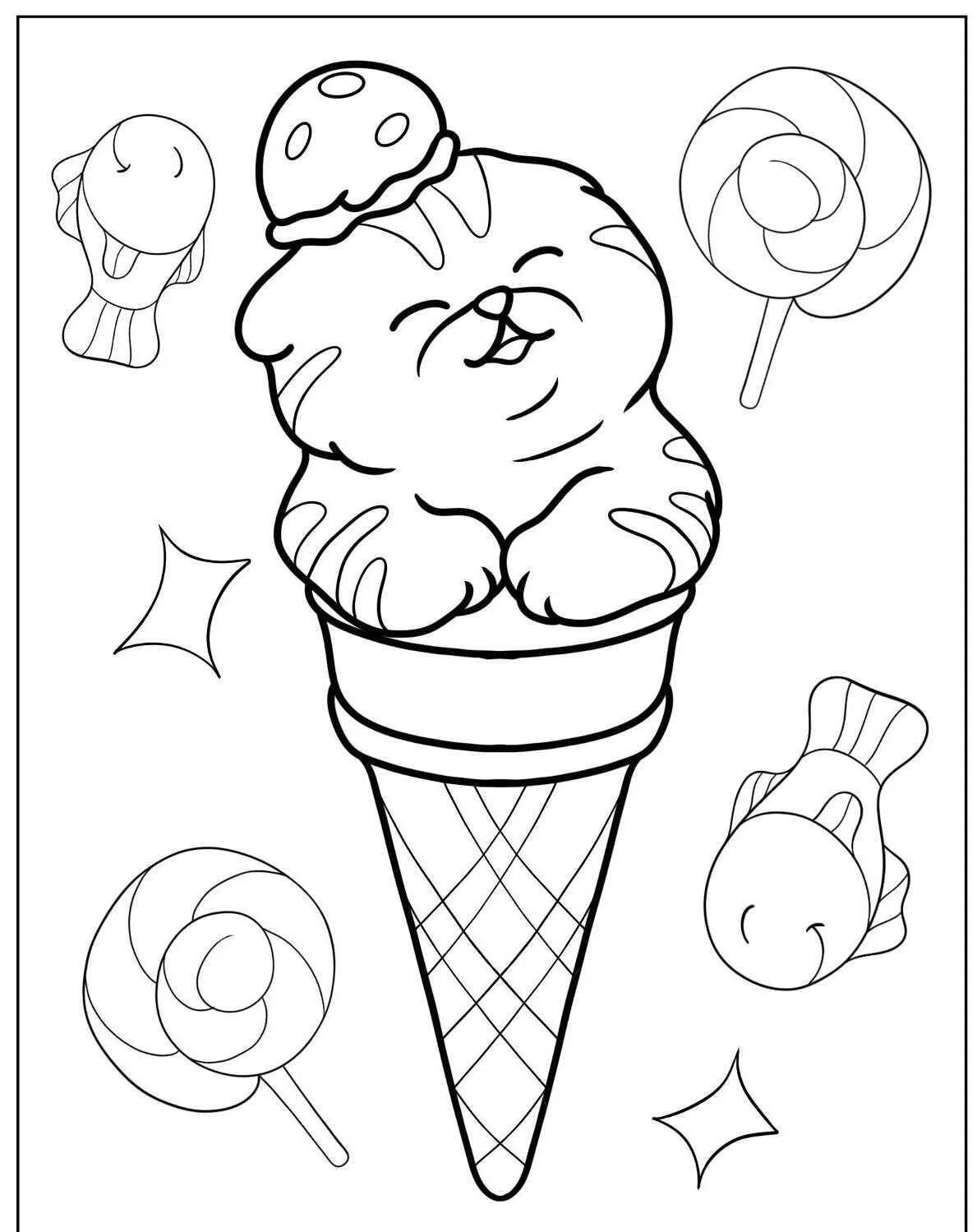 Desenho de Gato Fofo em Casquinha de Sorvete para Colorir
