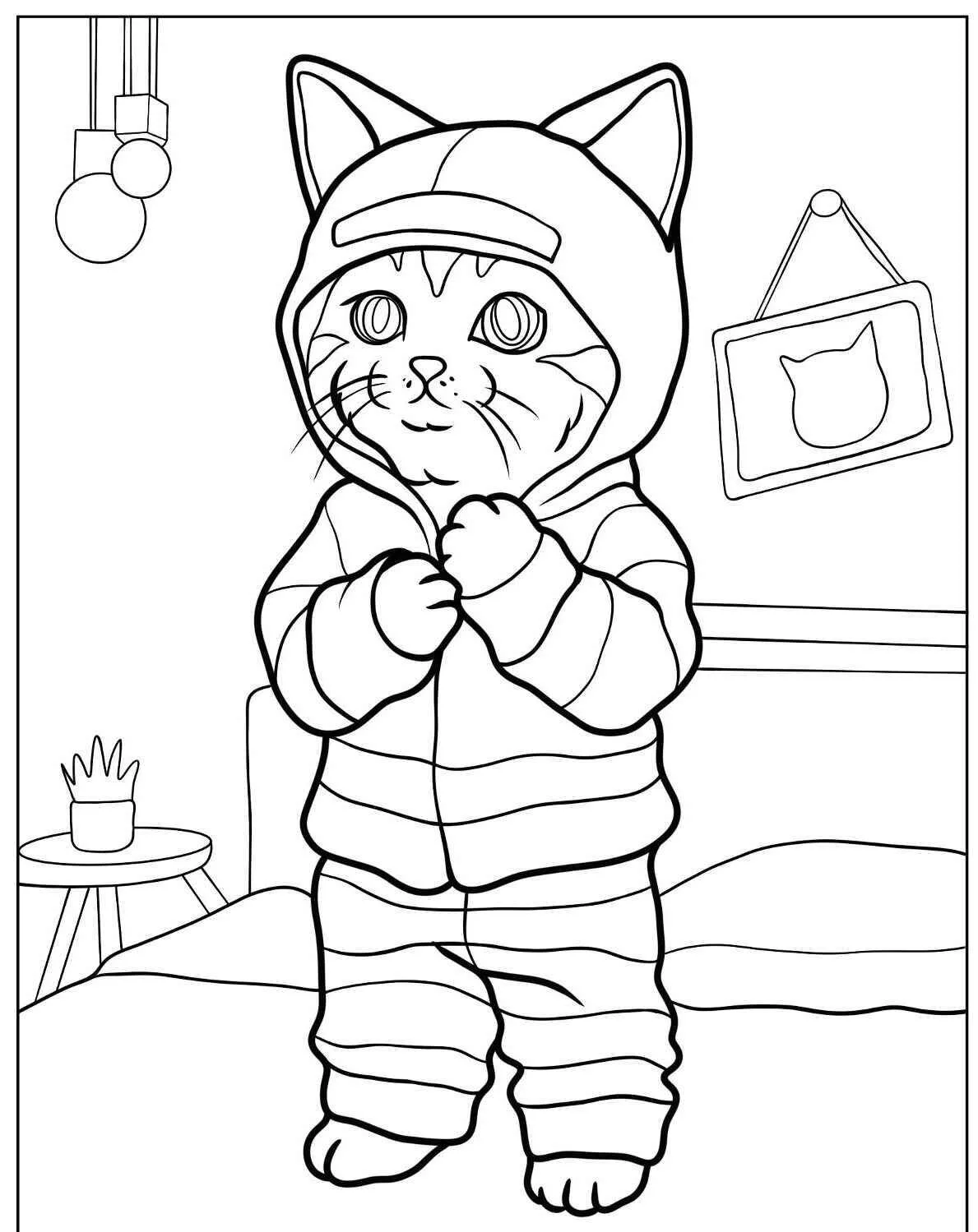 Desenho de Gatinho Vestido com Pijama para Colorir
