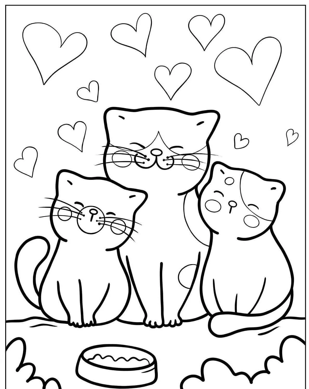 Dibujo para colorear de gatos felices con corazones