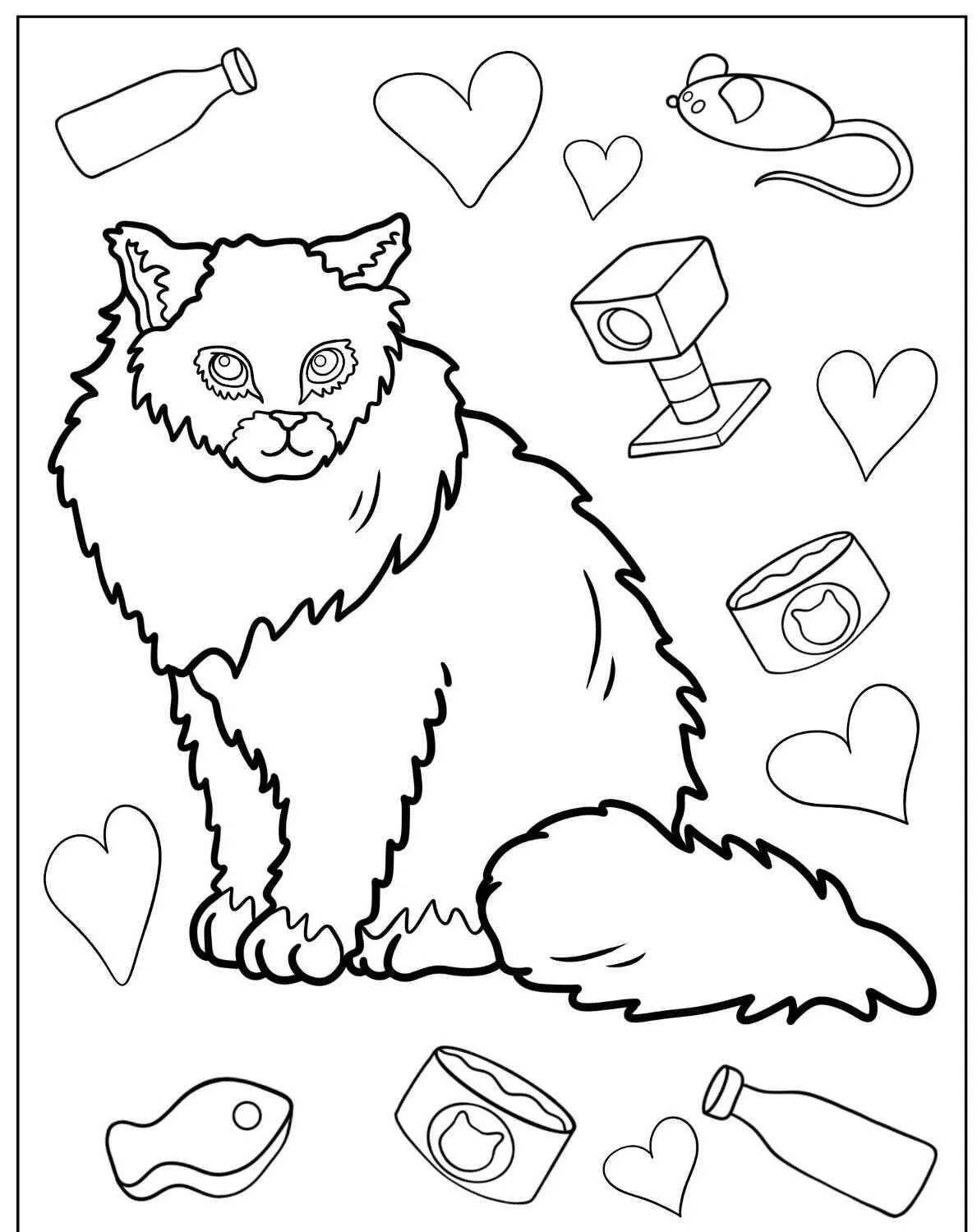 Desenho de Gato Fofo com Corações e Brinquedos para Colorir