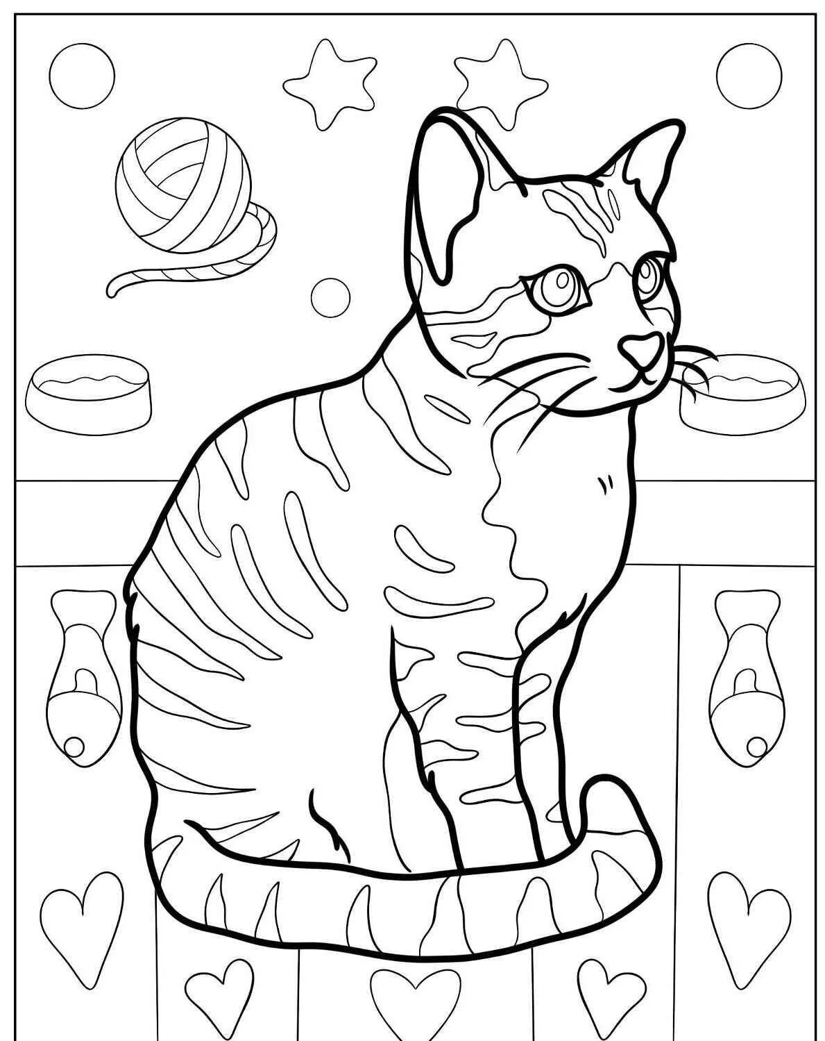 Dibujo para colorear de gato rayado sentado con juguetes